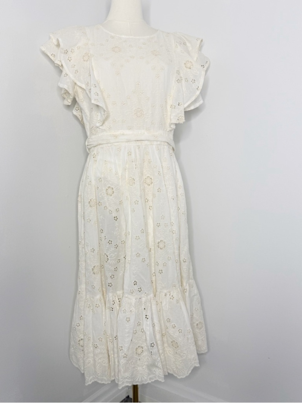 Ivy City White and Cream Eyelet Ruffle Midi Dress Belted Large Feminine